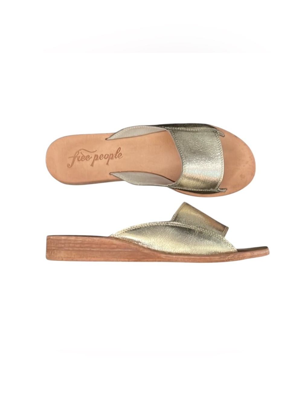 Free People Metallic Gold Leather Slide Mules Mini Wedge Size 36 US 6